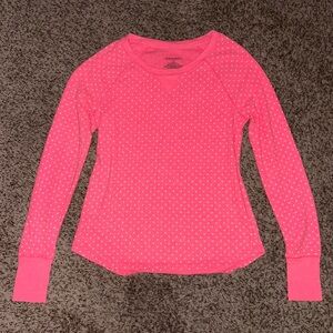 Y2K Pink long sleeve waffle knit shirt with white polka dots